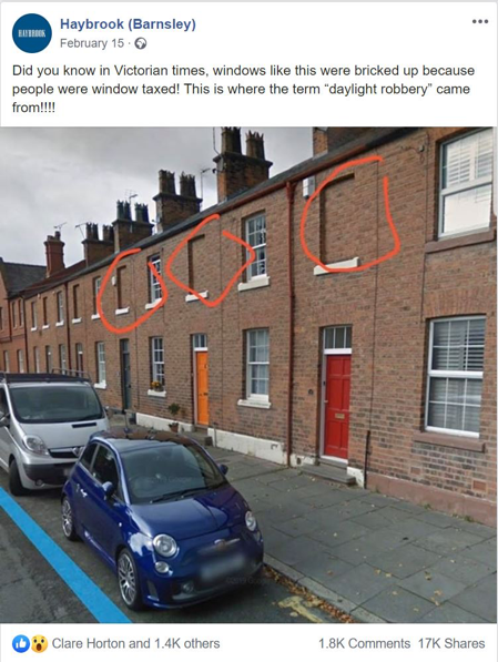 This is a viral image showing a row of terrace houses that have some of their windows bricked up. This image went viral because it was interesting (the term daylight robbery) but also the post said it was a Victorian phrase where as some people thought it was Edwardian.