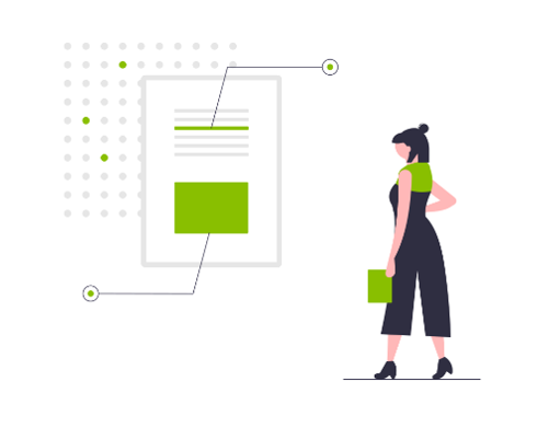 This illustration of a woman wearing a black jumpsuit and green t-shirt holding a green apple tablet examining a board with diagrams and writing on. Creating a plan for coping with the changes Apple have made means that you will have to think laterally.