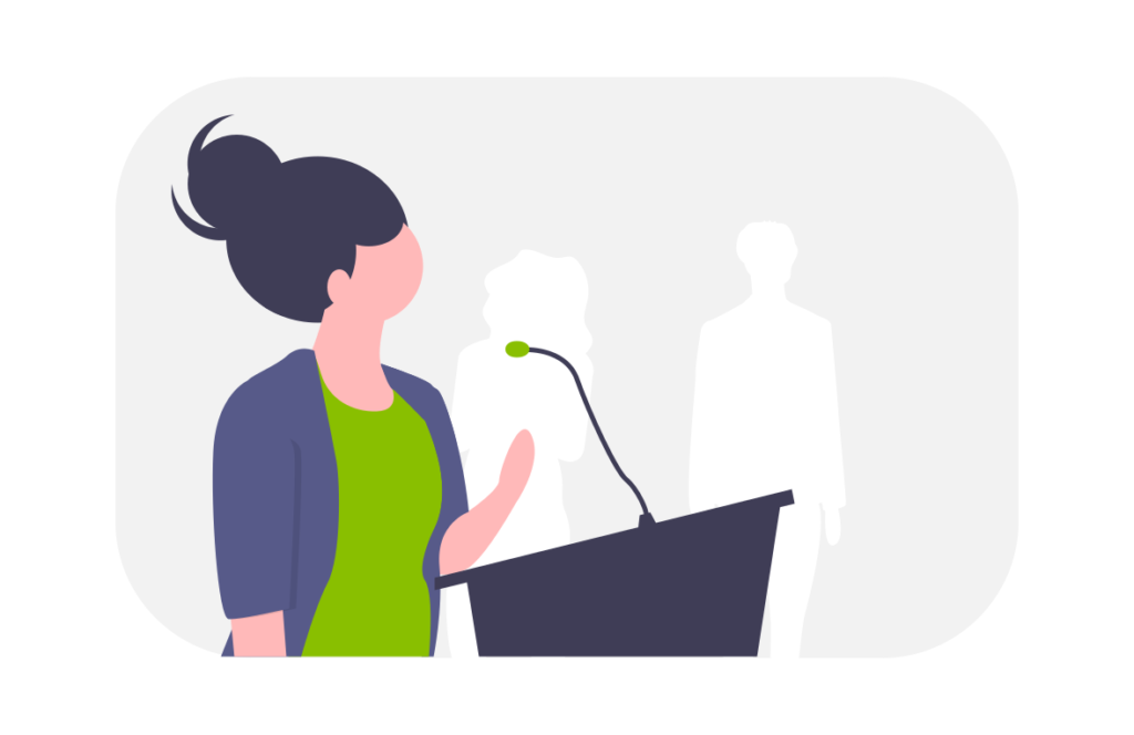 This is an illustration of a woman standing at a lectern talking to an audience. This shows how important you mindset is and the goal is to get to a growth mentality and success will by your friend.